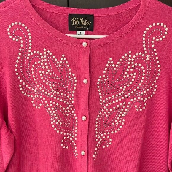 NWT Bob Mackie Scroll Design Pink Pearl Embellished Cardigan Large - Picture 3 of 6